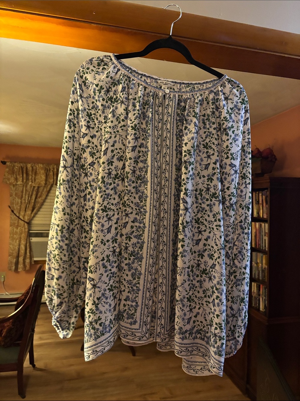 Max Studio White Peasant Blouse with Blue and Green Floral Print